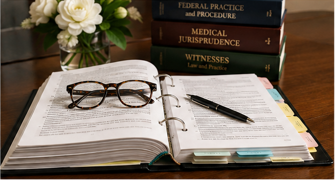 Open medical litigation binder with eyeglasses and legal reference books